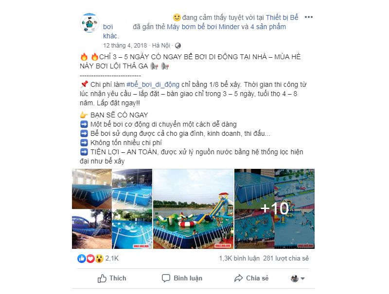 Facebook là phương thức quảng cáo mô hình bể bơi kinh doanh hiệu quả